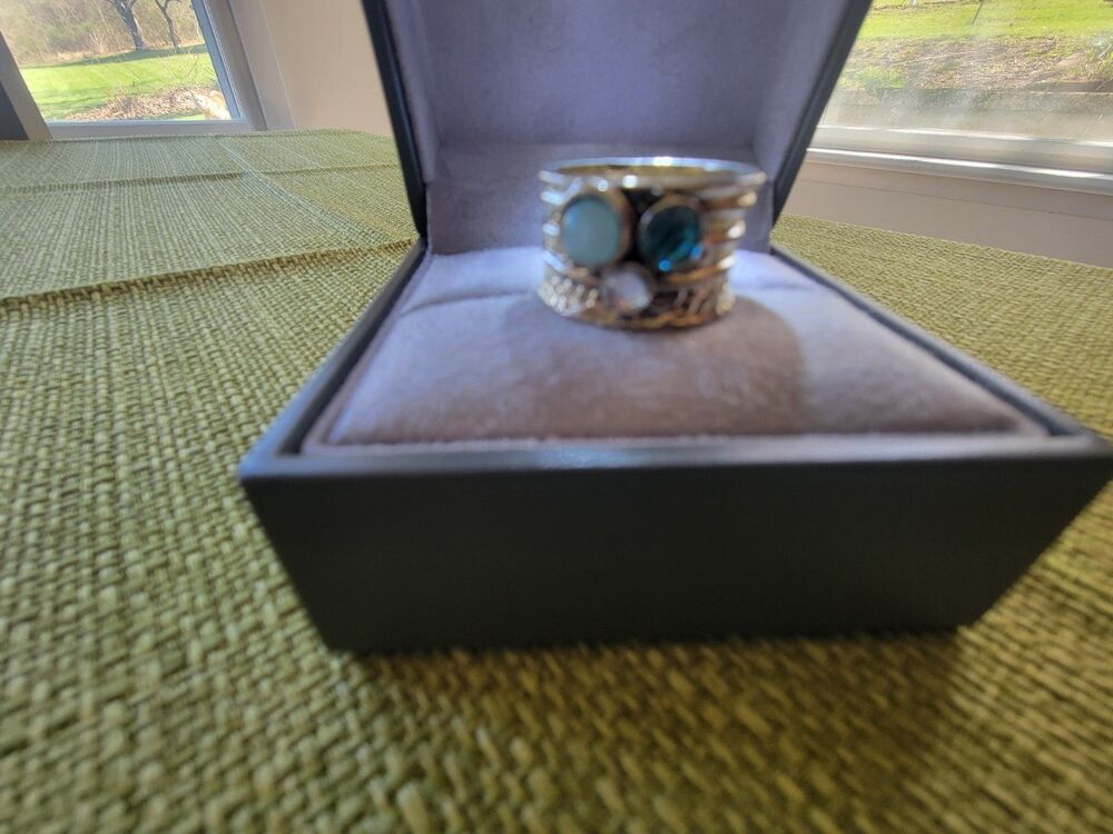 Boho Eclectic Dreamy Fairy Silver Cigar Band Ring Multicolored Blue Stones S 8.5